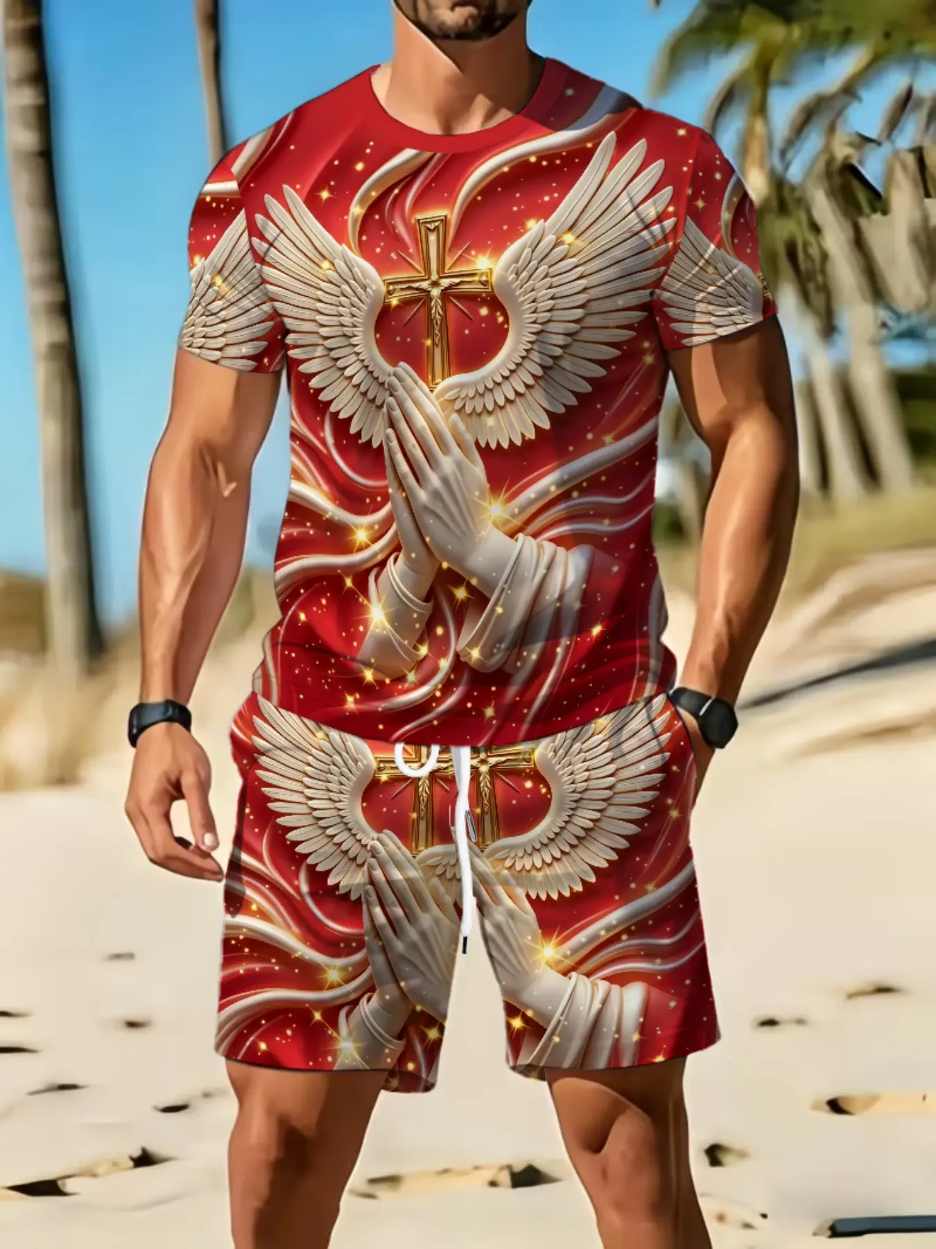 Men's Angel Wings Cross Prayer Two-Piece Set, Religious Casual Beach, Ideal for Vacation, Daily Commute, Outdoor Activities