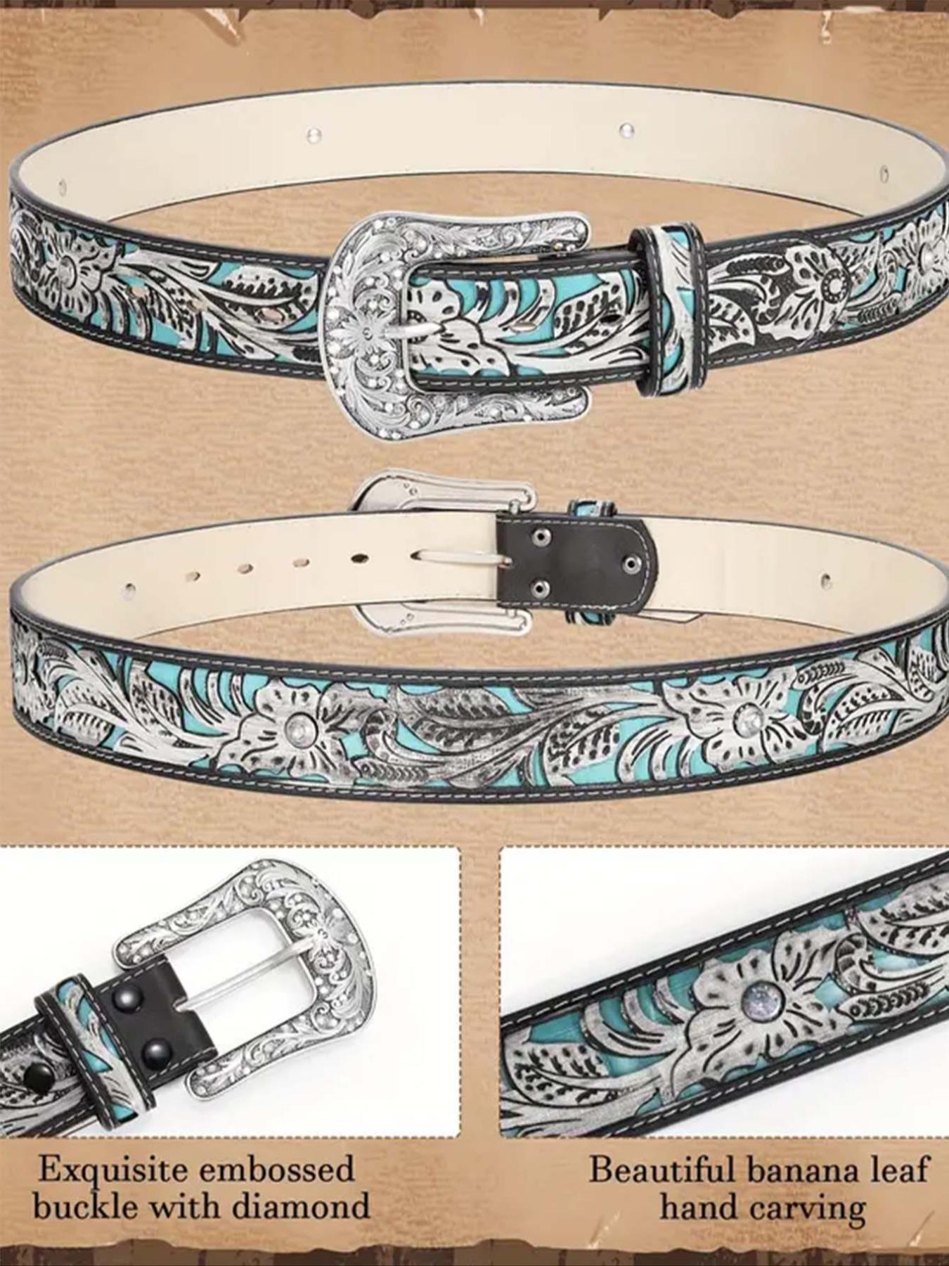 Boho Style Leaf Embossed Vintage Western Cowboy Cowgirl Belt, 2024 New Style Fashionable Adjustable Pu Buckle Belt for Women, Casual Brown Cowgirl Waistband for Jeans Trousers Western Belts