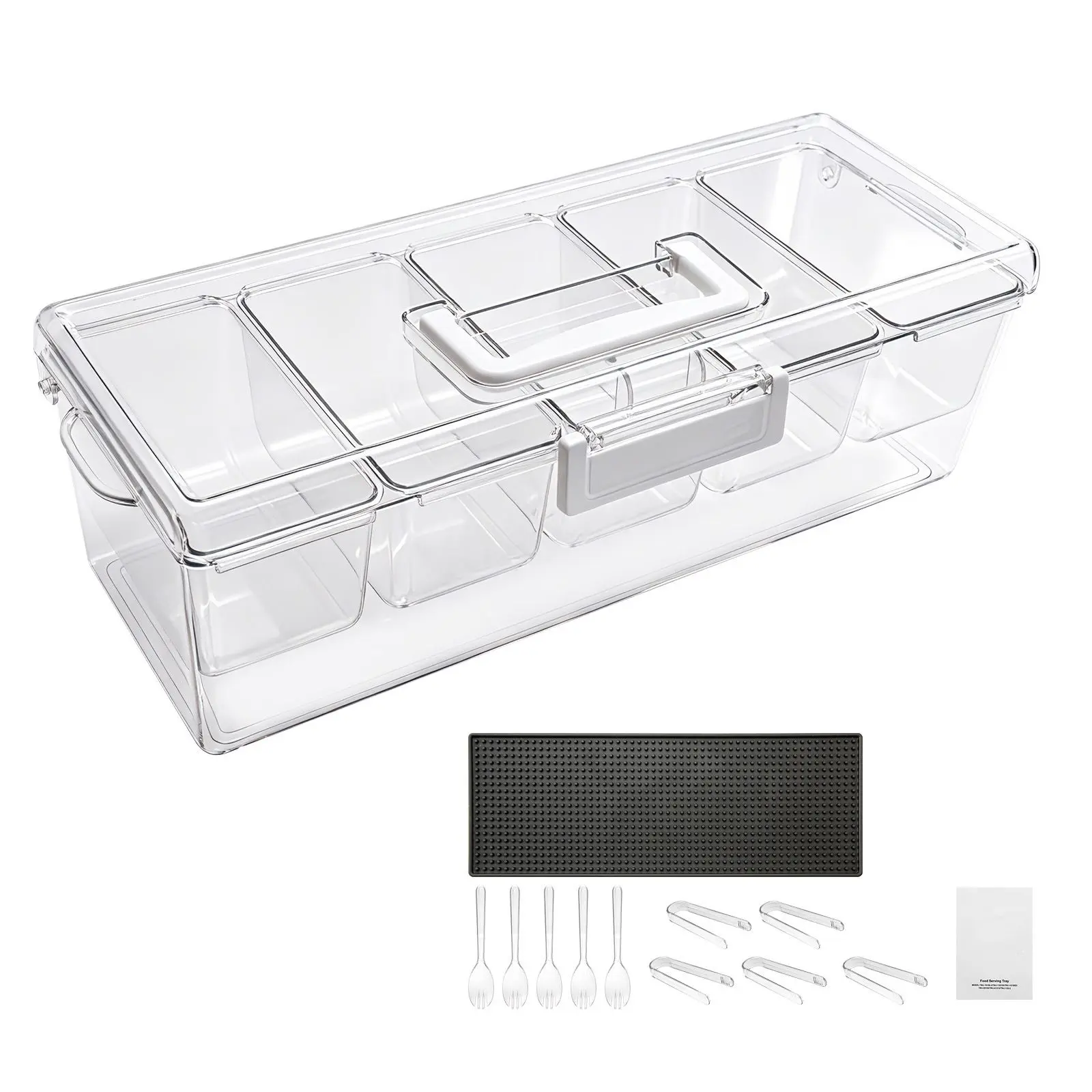 Chilled Condiment Server Caddy, 5 Compartment Ice Cooled Serving Container, Plastic Fruit Garnish Tray Platter with Lid, for Taco Salad Bar Accessories, Party Home Restaurant Supplies