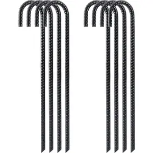 16 Inch 8 Pack Rebar Stakes Heavy Duty J Hook, Galvanized Steel Ground Stakes Tent Stakes Ground Anchors, Chain Link Fence Stakes, Trampoline Stakes, Black