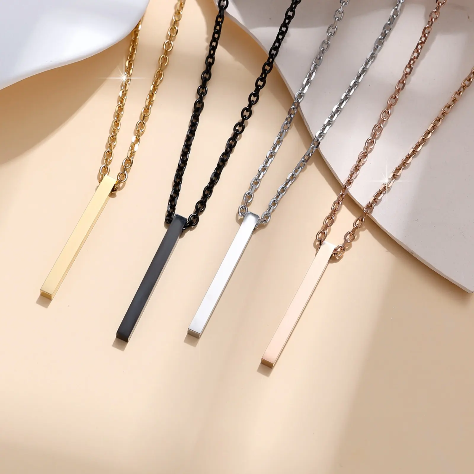 Men Matte Black Vertical Blank Bar Pendant Necklace, Viral Minimalist Solid Rectangular Tag O Link Chain Choker, Anti-fade Stainless Steel Plain Long Bar Neck Jewelry, Waterproof Unisex Simple Layering Accessory for Streetwear Birthday Gift