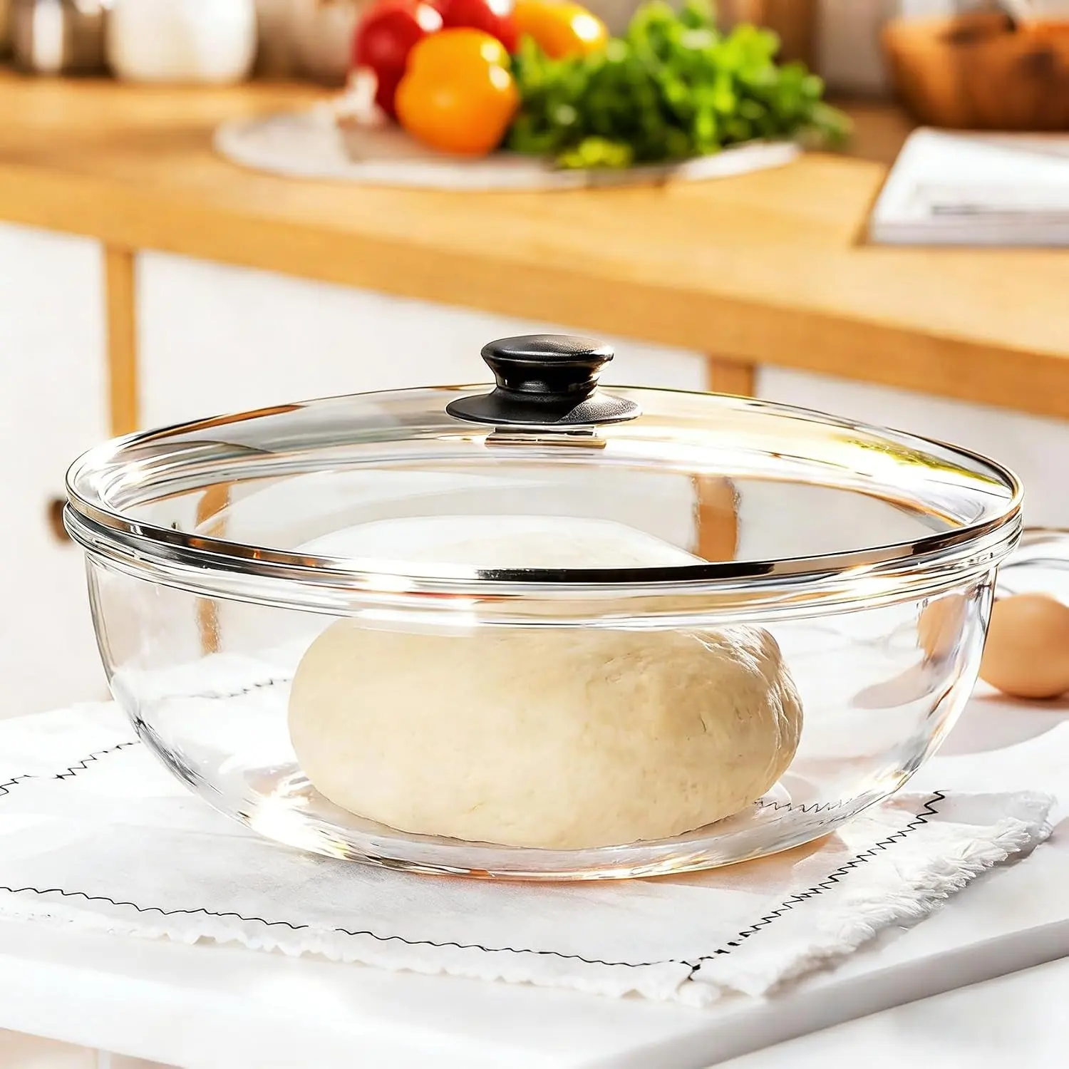 6 QT Transparent Glass Mixing Bowl with Cover - Kitchen Bakeware for Sourdough Bread Proofing, Oven-Safe Bread Making, Set