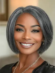 Short Side Part Salt & Pepper Bob Wig, Straight Hair Wig, Bowl Cut Cosplay Wig, Party Wigs, Heat Resistant, Natural Look, Synthetic Full Wigs for Women