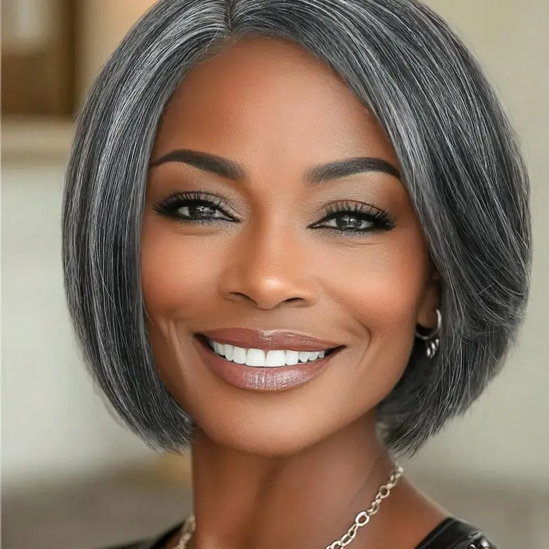 Short Side Part Salt & Pepper Bob Wig, Straight Bob Style, Straight Hair Wig, Bowl Cut Cosplay Wig, Party Wigs, Heat Resistant, Natural Look, Synthetic Full Wigs for Women