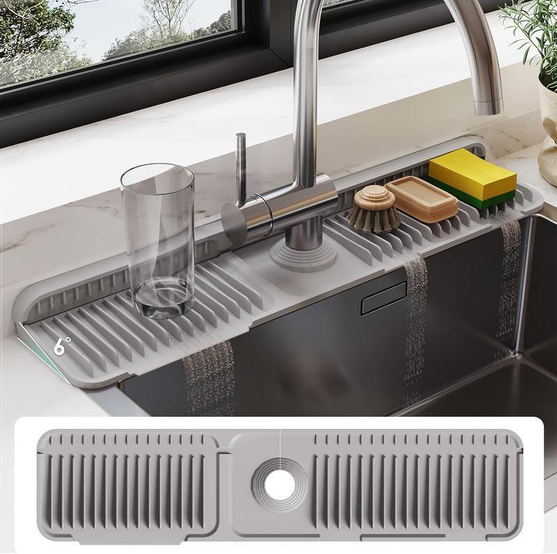24 Inch Longer Faucet Mat for Kitchen Sink 5°Slope Fast Self-draining Silicone Splash Guard with Customizable Hole & Button Design for Efficient Drainage and Tidy Sink Area