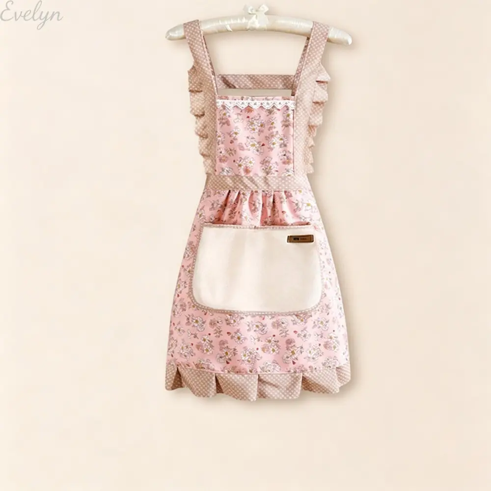 Princess Style Floral Kitchen Apron for Women, Cute Ruffle Lace Vintage Cooking Apron with Large Pocket, Household Cleaning Baking Gardening Apron