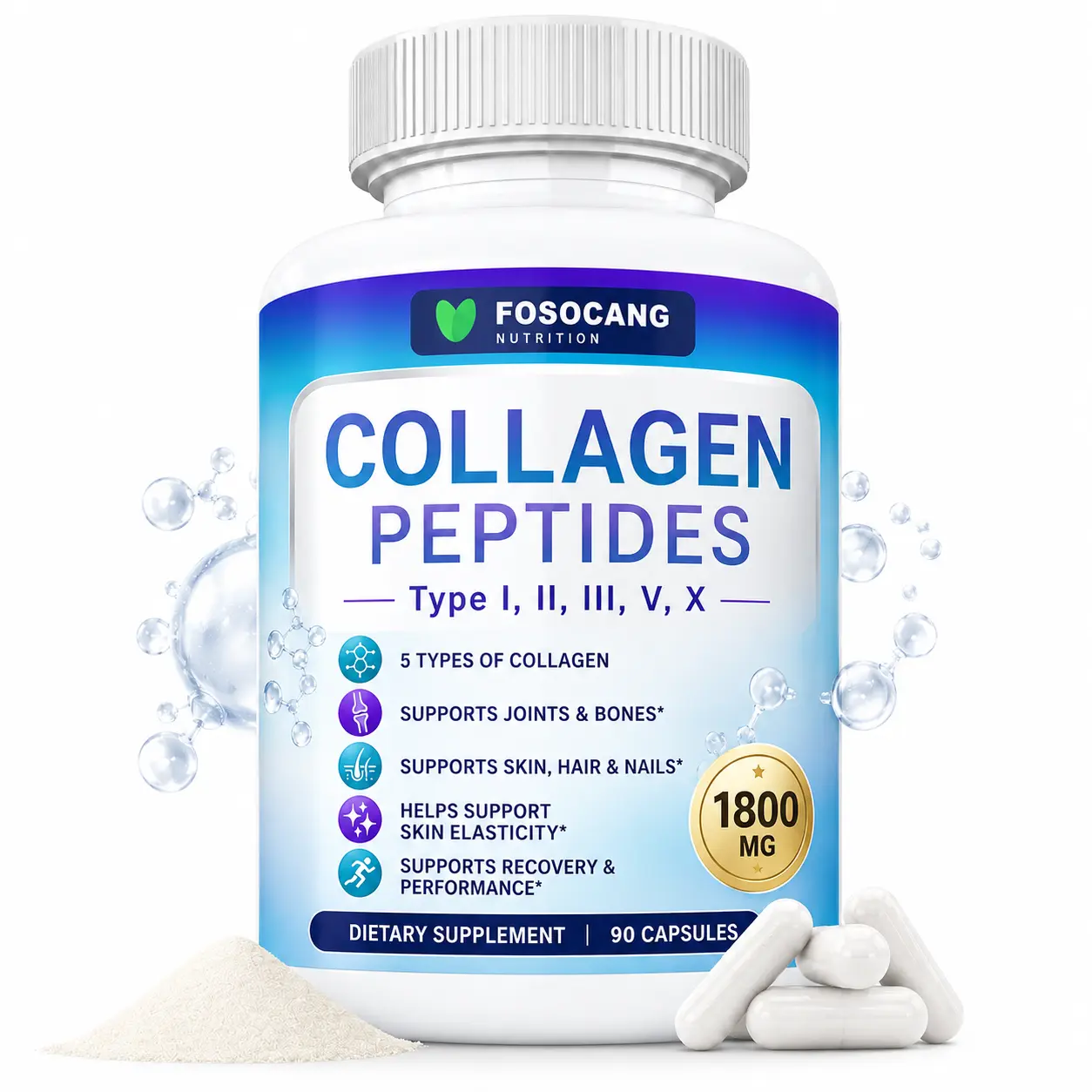 FoSoCang Multi Collagen Peptides Pills - 1800mg Hydrolyzed Protein Complex, Types I,II,III,V,X Premium Supplement for Skin, Hair, Joint Support, 90 Capsules for Men & Women