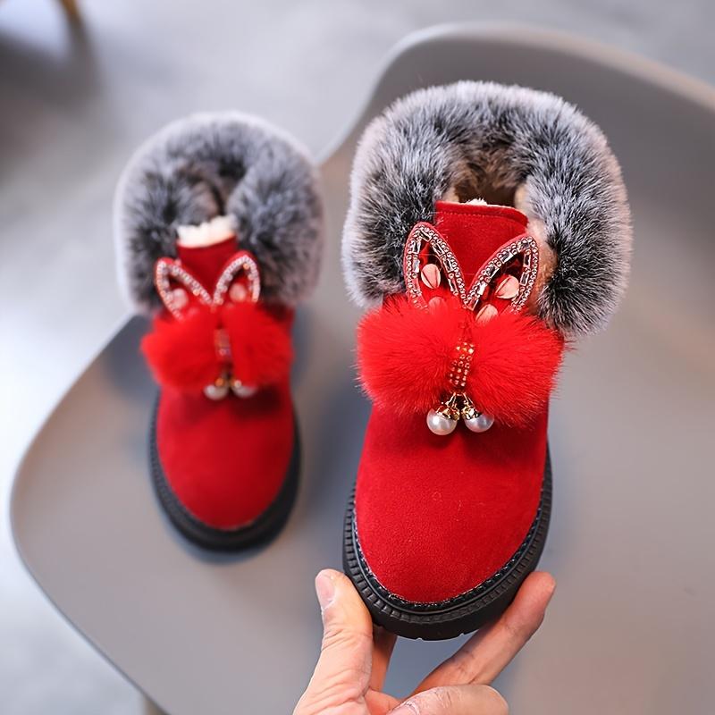[Warm Snow Boots] Winter Warm Girls' Snow Boots |         Plush Faux Fur Trim & Sparkling Bows - Thickened Velvet-Lined First Walker Shoes, Round Toe, Red/Pink/Black