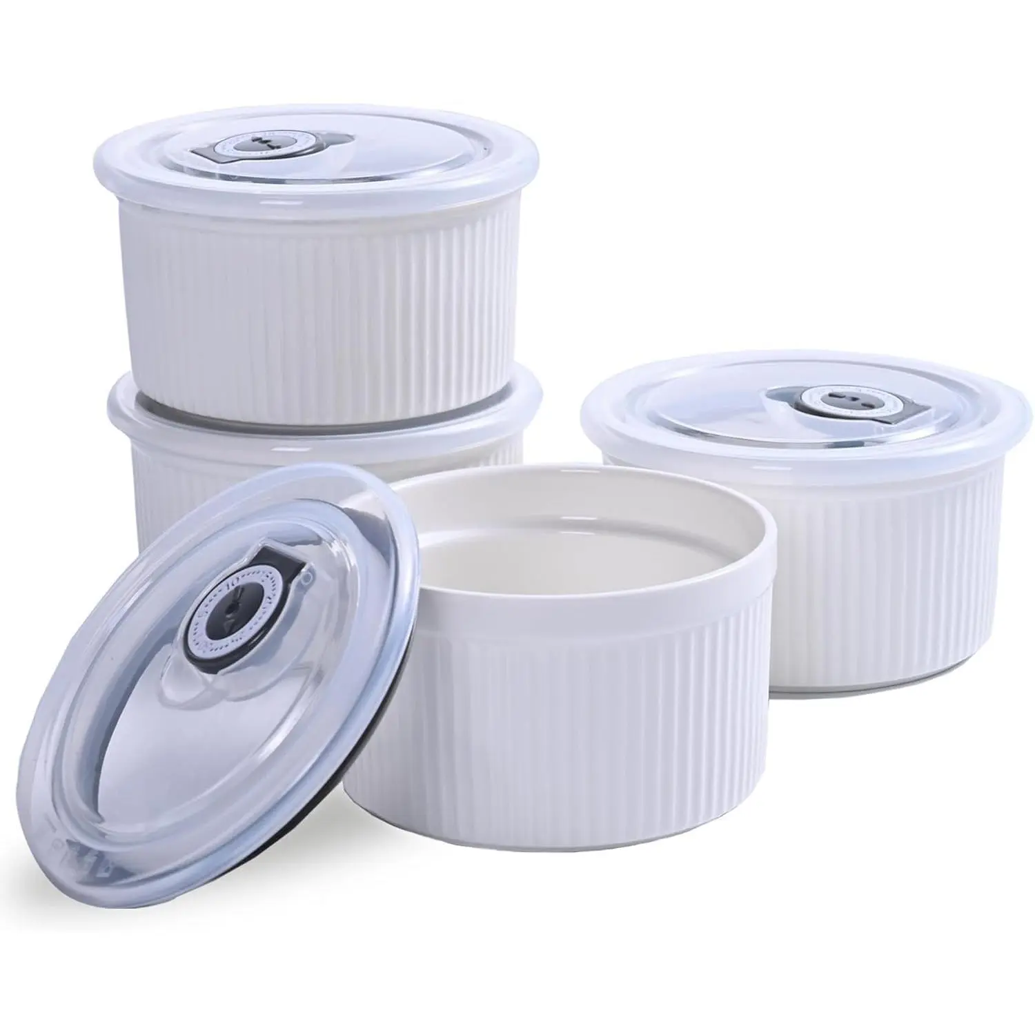 14 oz Ceramic Ramekins with Lids - Set of 4 Oven-Safe Porcelain Bakeware for Dessert, Food Storage (White)