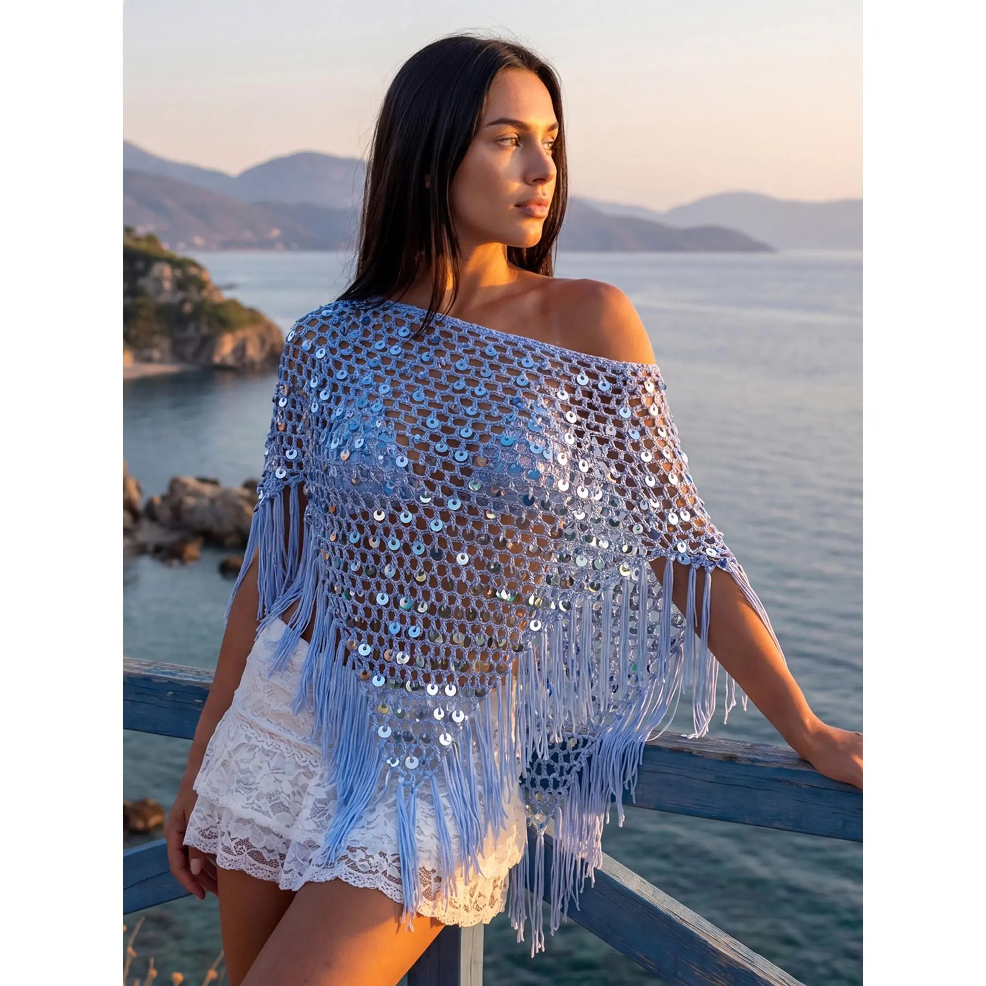 y2k Women's Tassel Knit Ponchos Sequin Loose Fit Hollow Out Handmade Crochet Shrug Shawl Beach Wear