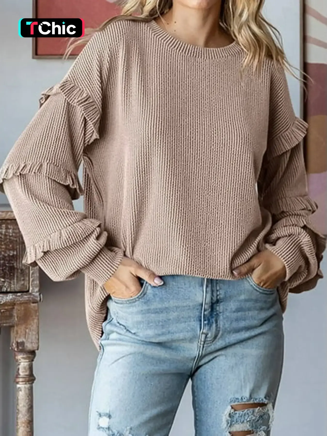 Women's Oversized Knitwear Top Round Neck Tiered Ruffle Long Sleeve Lantern Cuffs Thick Ribbed Texture Relaxed Fit Boho Style Perfect for Daily Wear Weekend Brunch