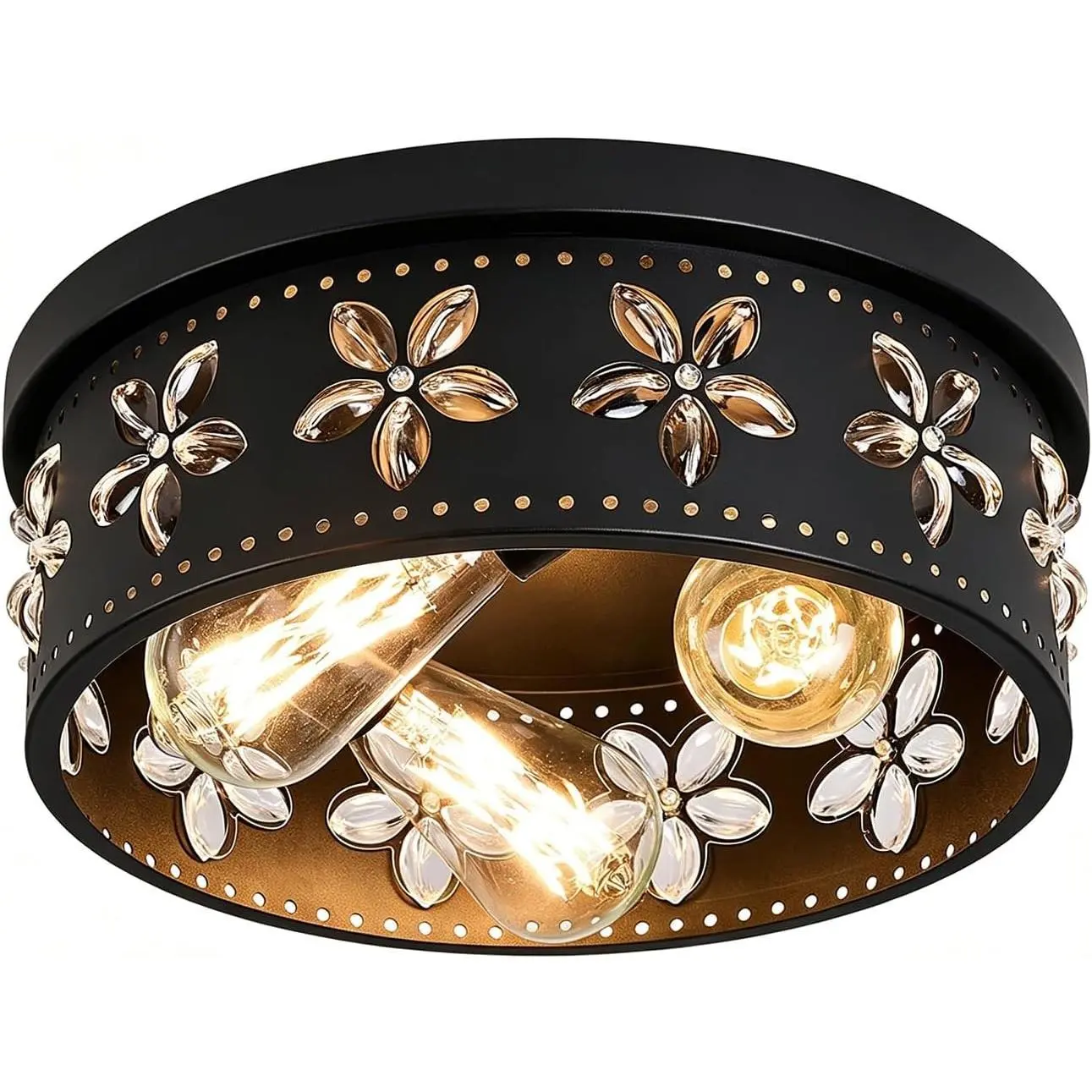 12.6 inch Black Flush Mount Ceiling Light Fixture, 3-Light Ceiling Mount for Industrial, Crystal Light Fixtures for Farmhouse, Bedroom, Living Room, Kitchen, Hallway, Foyer (1 Pack)