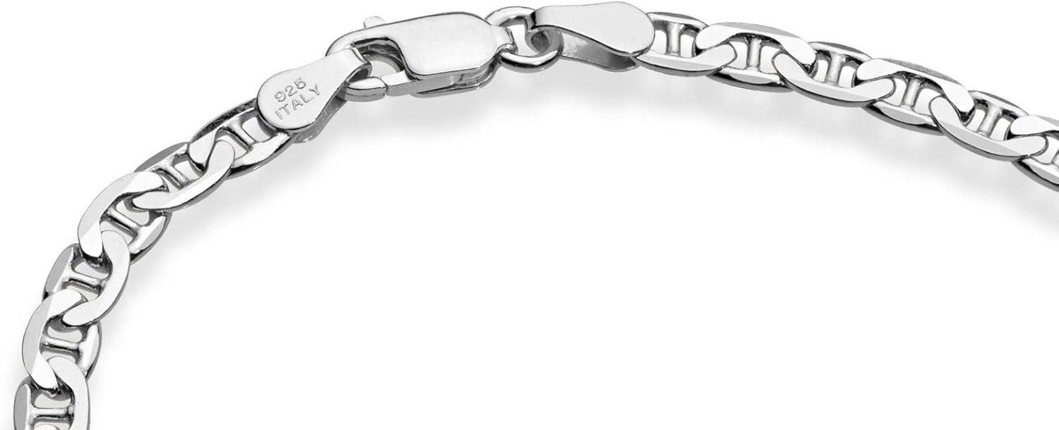 925 Sterling Silver Italian 3mm, 4mm Solid Diamond-Cut Mariner Link Chain Anklet Ankle Bracelet for Women, Made in Italy