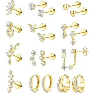 KRFY 16Pcs Flat Back Earrings Set • 14K Gold Plated Surgical Steel Cartilage Earrings • Helix Tragus Conch Ear Stack for Women