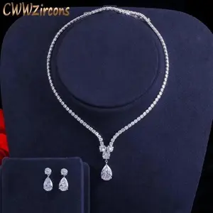 CWWZircons Fashion Cubic Zirconia Water Drop Pendant Necklace-Earrings Set, Pendant for Chain, Set Includes Neck+Earrings, Real Photo Shown, Bridal Wedding Party Jewelry (T397)