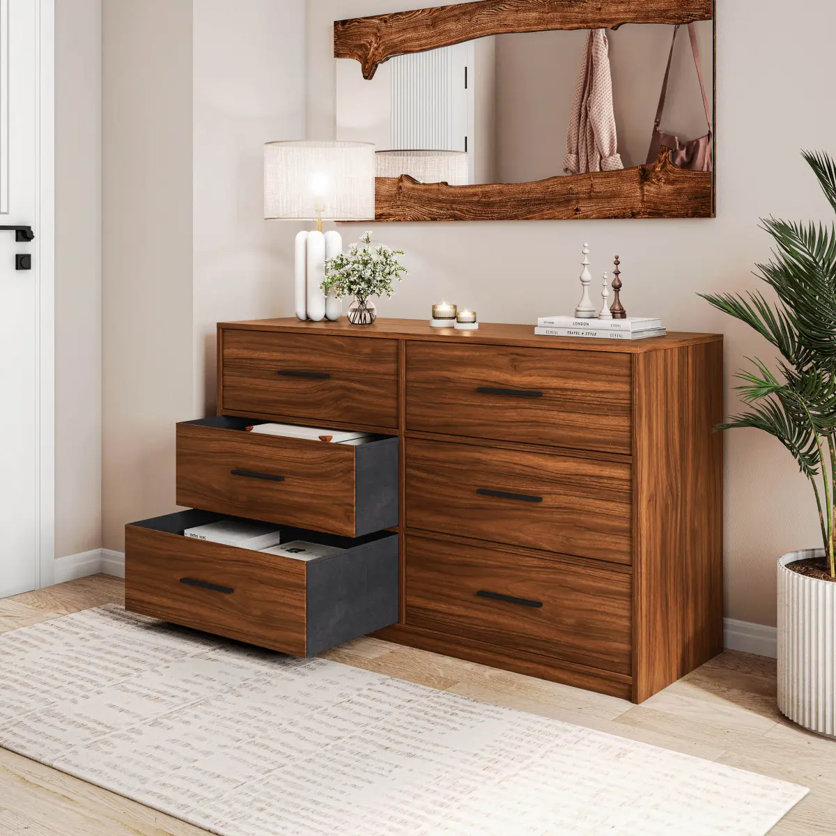 Aobtkel6-Drawer Dresser with Large Fabric Drawers, Walnut On-Site