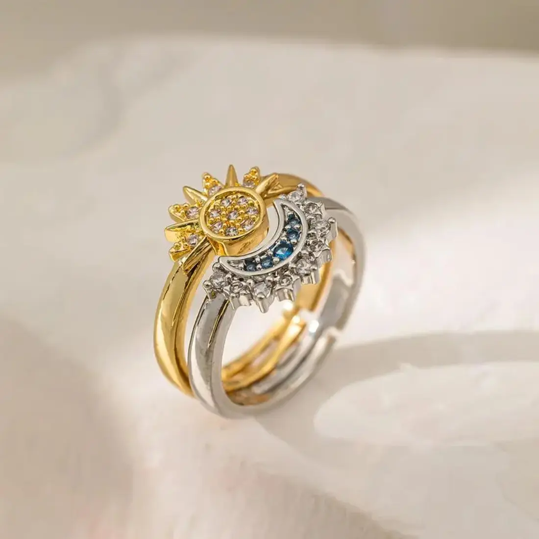 Sun & Moon Couple Ring Set, Celestial Adjustable Stackable Rings for Women and Men, Minimalist Vintage Matching Promise Bands, Trendy Y2K Aesthetic Jewelry for Daily Wear, Valentine's Day, Anniversary, Birthday Gift
