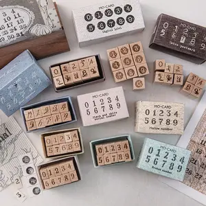 1 Box 10 Mini Stamps Set, Digital Imprint Series Wooden DIY Stamp, Number Hand Account Stamp, Creative Craft Supplies