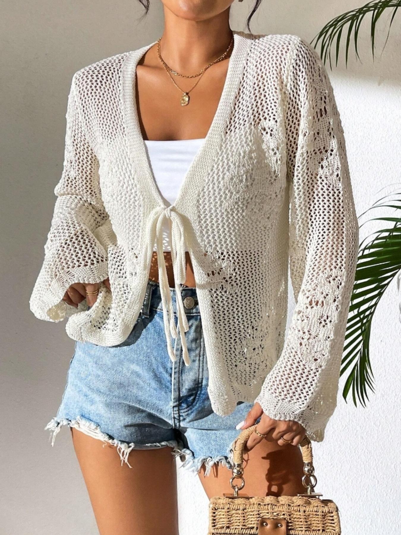 Women's Fitted Plain Sheer Tie Front Knitting Cardigan, Casual Long Sleeve Cardigan for Daily Wear, Ladies Knitwear for All Seasons Women's Fitted Plain Sheer Tie Front Knitting Cardigan, Casual Long Sleeve Cardigan for Daily Wear, Ladies Knitwear for All Seasons