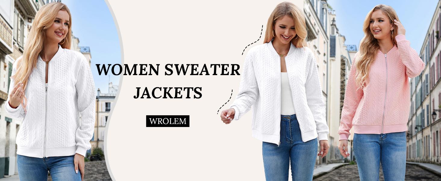 Women's Zip Up Cardigan Sweater Cable Hoodies Long Sleeve Jacket Outfits Crewneck Casual Coat