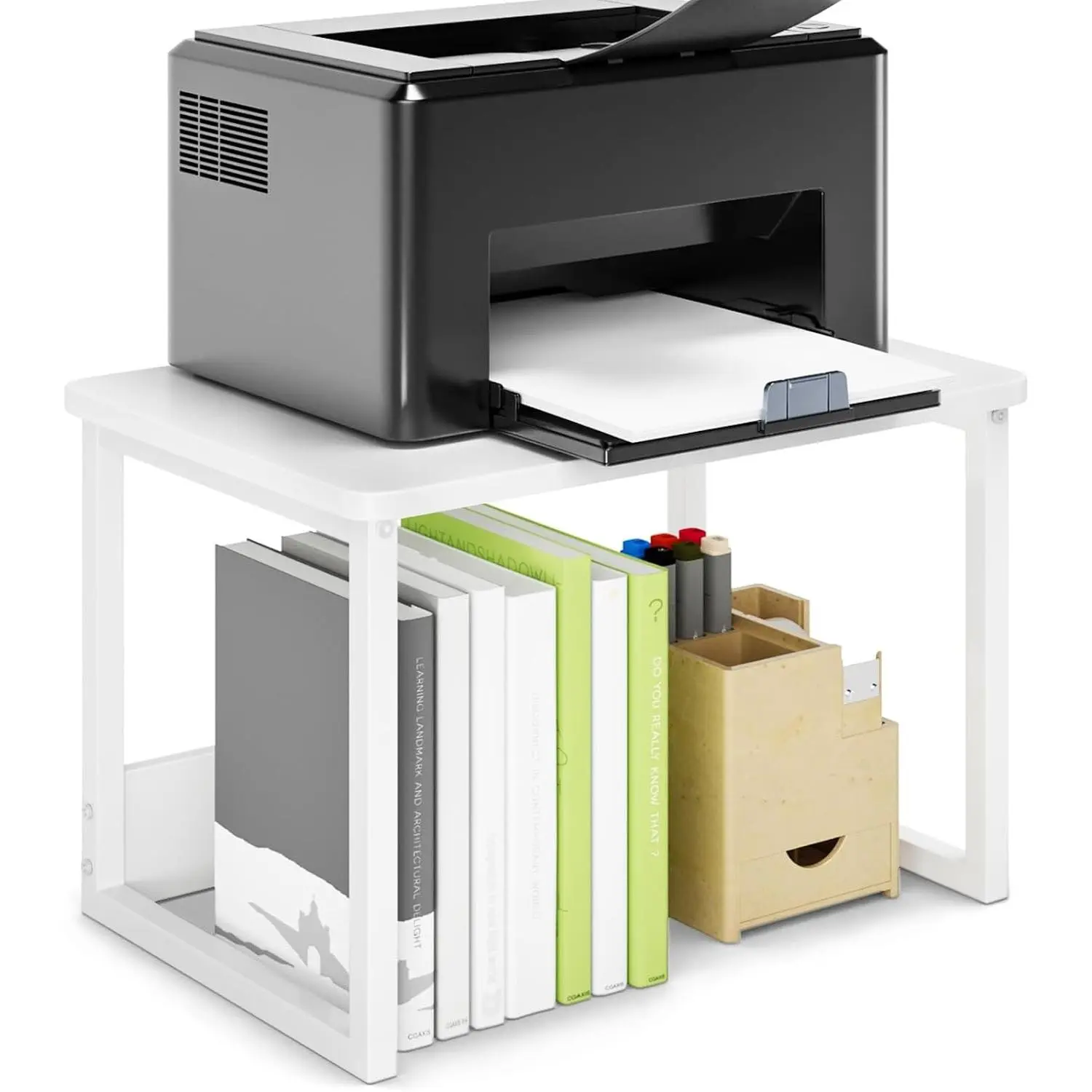 MARTY Rectangular Desk Printer Stand, 17.1"x12.4" Desktop Riser with Shelf Storage for Home Office, Desk Organization for Fax Machine, Copier, Scanner, White