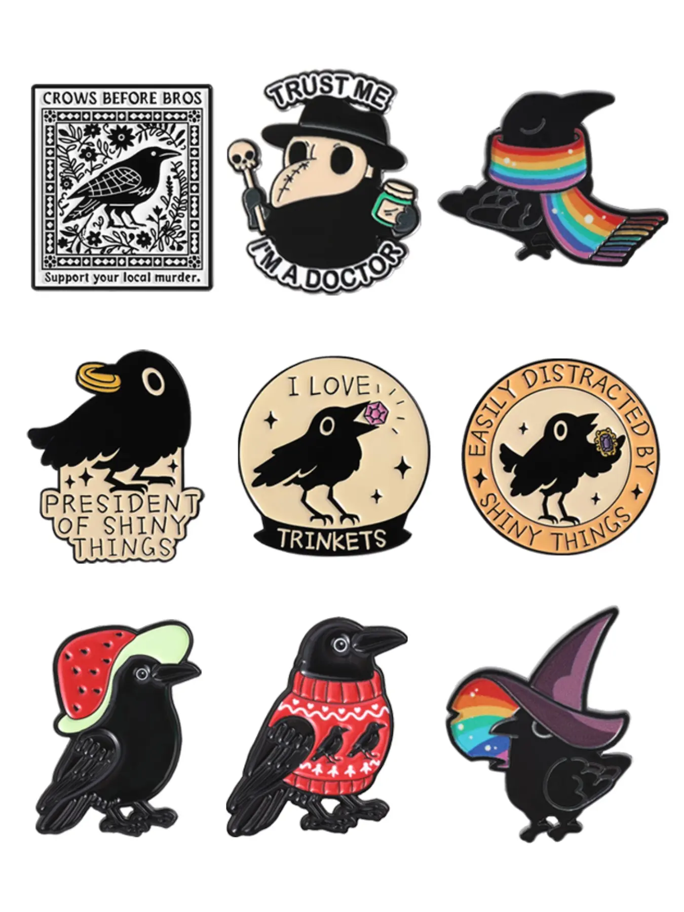 9 Piece Set Cute Crow Enamel Pins Cartoon Raven Holding Diamond Sweater Raven Watermelon Hat Bird Kawaii Animal Alloy Brooches Lapel Backpack Clothing Decor Badge Fashion Jewelry Accessories Gifts for Friends