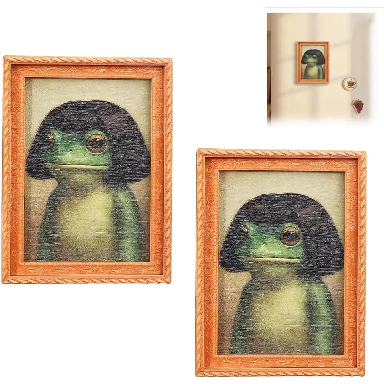 2PCS Funny Frog Magnet, Frog Magnets Fridge, Cute Retro Mini Framed Art Magnet, Vintage Style Oil Painting Art Magnet, Cute Bob Haircut Toad Decor Fridge, Locker, Dishwasher