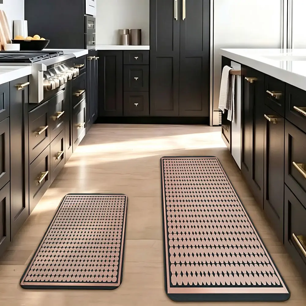 Kitchen Rugs Pack of 2, Carpet Runner, Kitchen Runner, Non-Slip, Washable,Houndstooth Cross Texture Print,90x60+60x180 cm Floor Mat, Carpet for Bathroom/Living Room, Hallway