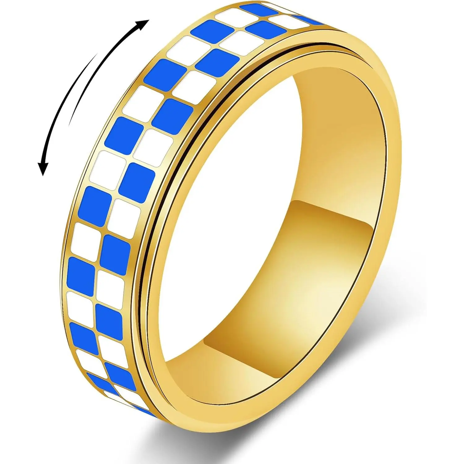 Checkered Fidget Ring For Women - Blue Chessboard Design Band Rings  &   Stacking Spinner Rings, Stainless Steel Spinning Ring    for Adults