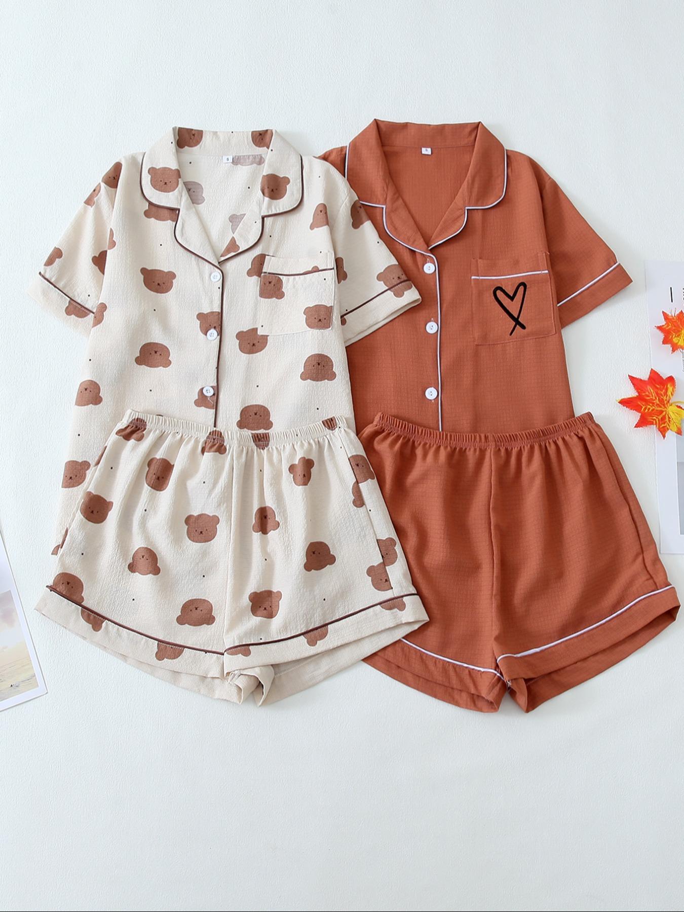 Women's Cartoon Bear Print Lapel Pocket Shirt & Elastic Waist Shorts Loungewear Set, Button Front Short Sleeve Top & Shorts PJ Set, Casual Comfy Pyjama Set Homewear for Women