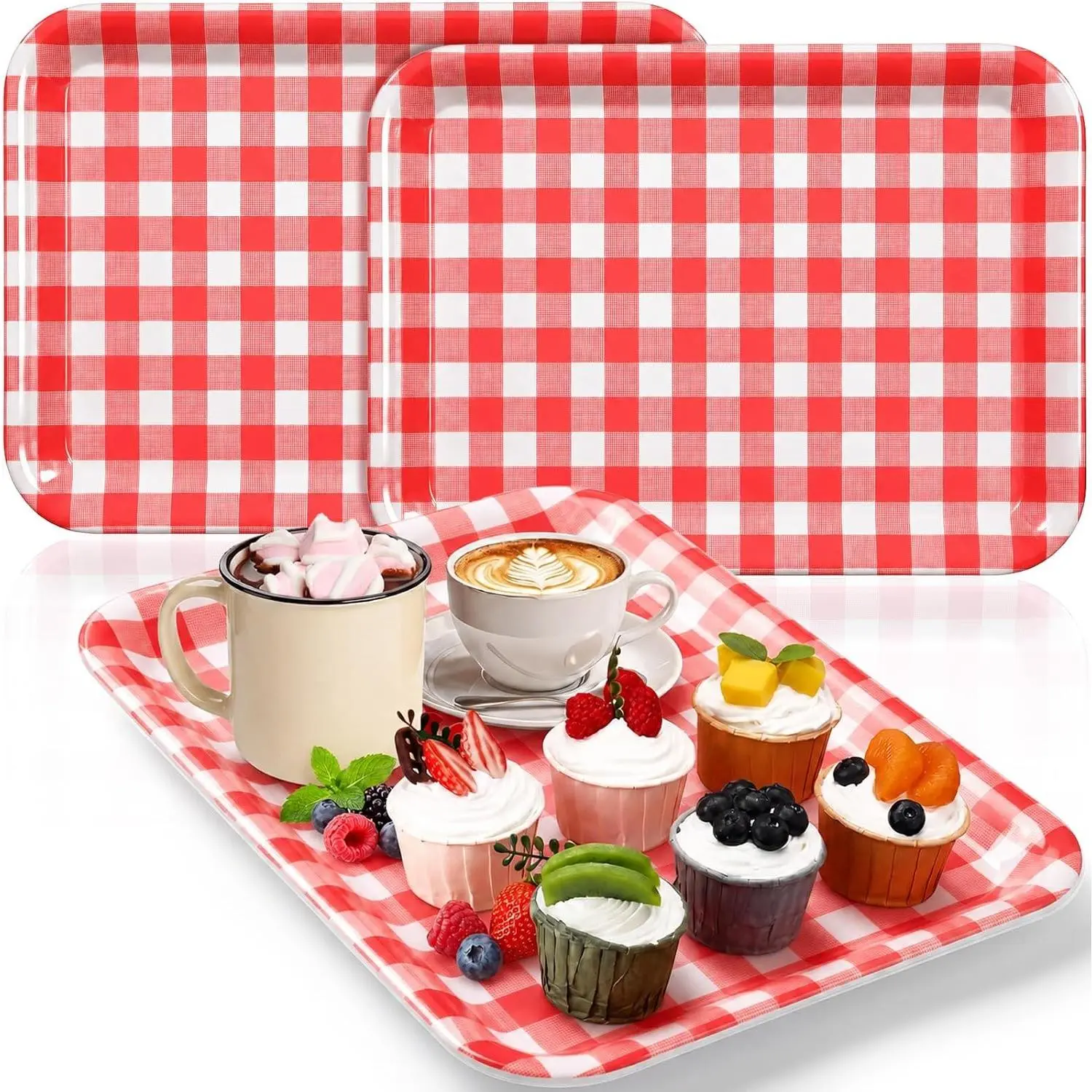 Vesici 3 Pcs Red Gingham Serving Trays 13 x 10 Inch Red and White Checkered Plaid Melamine Platters Reusable Rectangular Serving Dishes for Spring Picnic BBQ Birthday Baby Shower Party Snacks Dessert