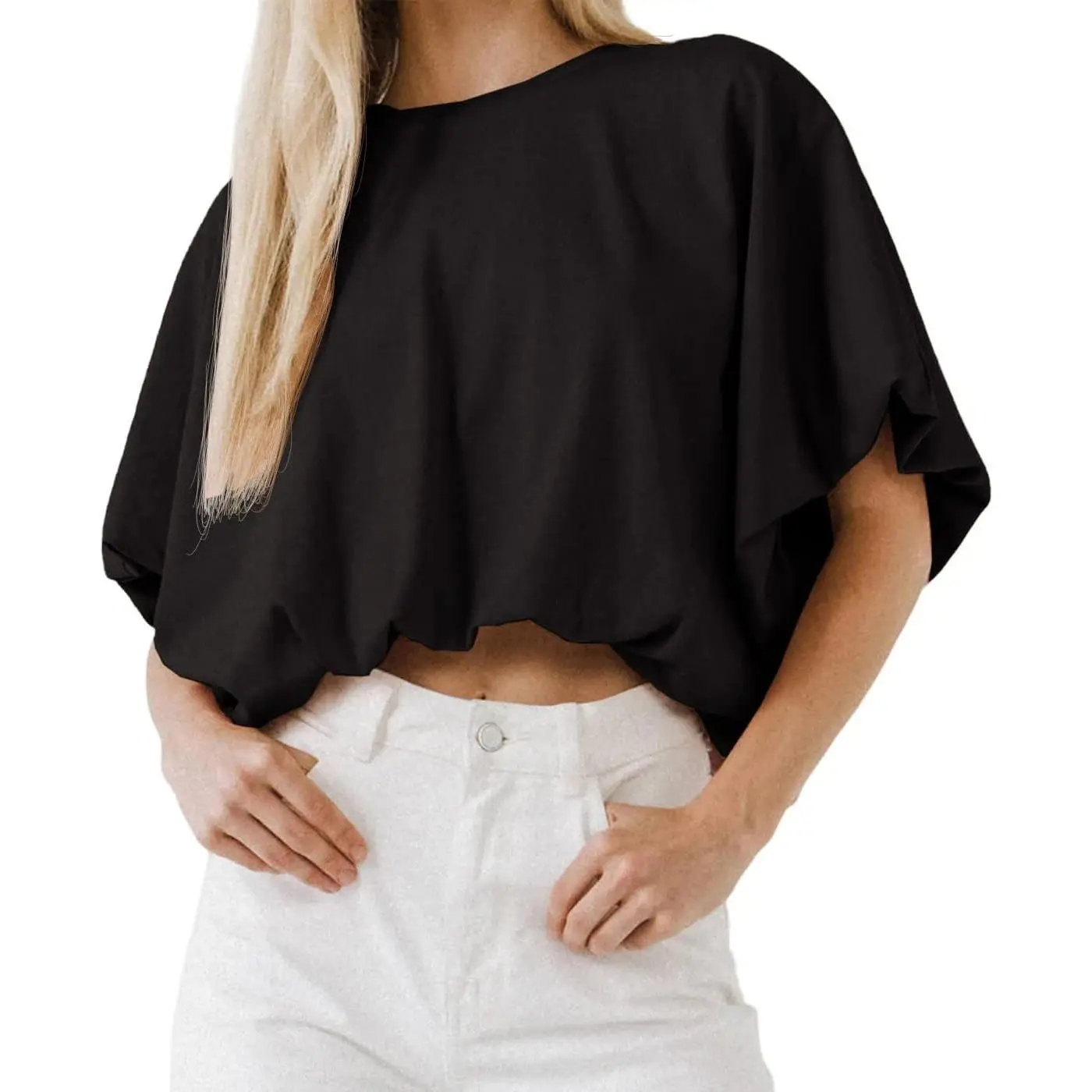 Womens Summer Crewneck Crop Tops Short Sleeve Casual Loose Cropped T ShirtsGift.