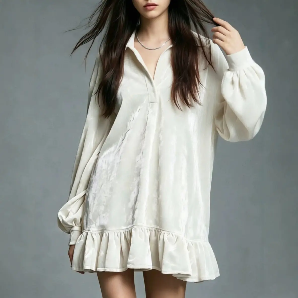 2026 French Gentle Style Velvet Lantern Sleeve Ruffle Collar Shirt Dress for Women