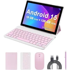 Android 15 Tablet, 10 inch 2 in 1 Tablets with Keyboard, 18GB 128GB ROM 2TB Expand, Quad-Core 2.0Ghz CPU, 5G WiFi 6, BT5.0, 1280x800  Touchscreen, 6000mAh, Widevine L1, GMS Tablet,