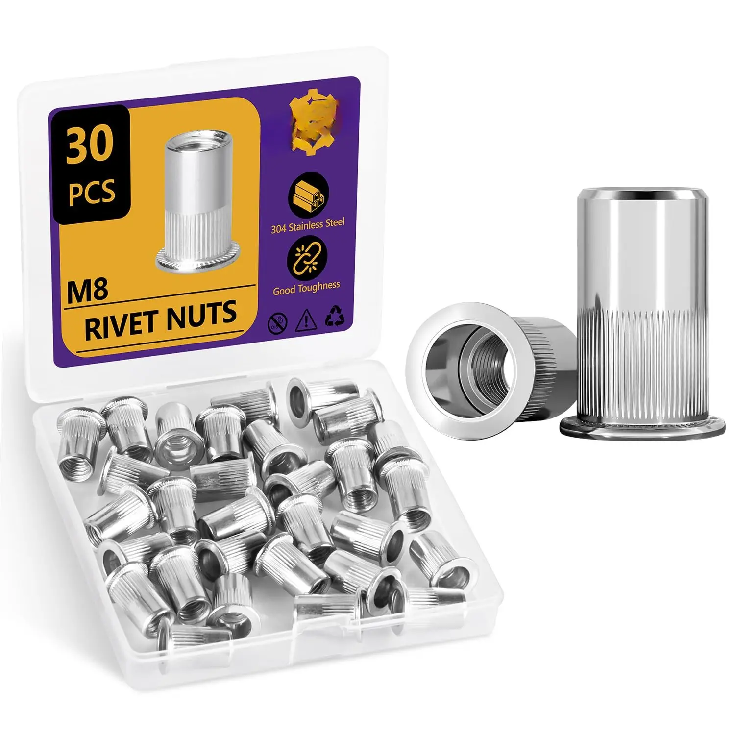 M8 Rivet Nut, 30 count Metric 304 Stainless Steel Rivets Flat  Rivnut Threaded Insert Nuts  for Furniture, Automotive and Industrial Applications (M8-1.25mm)