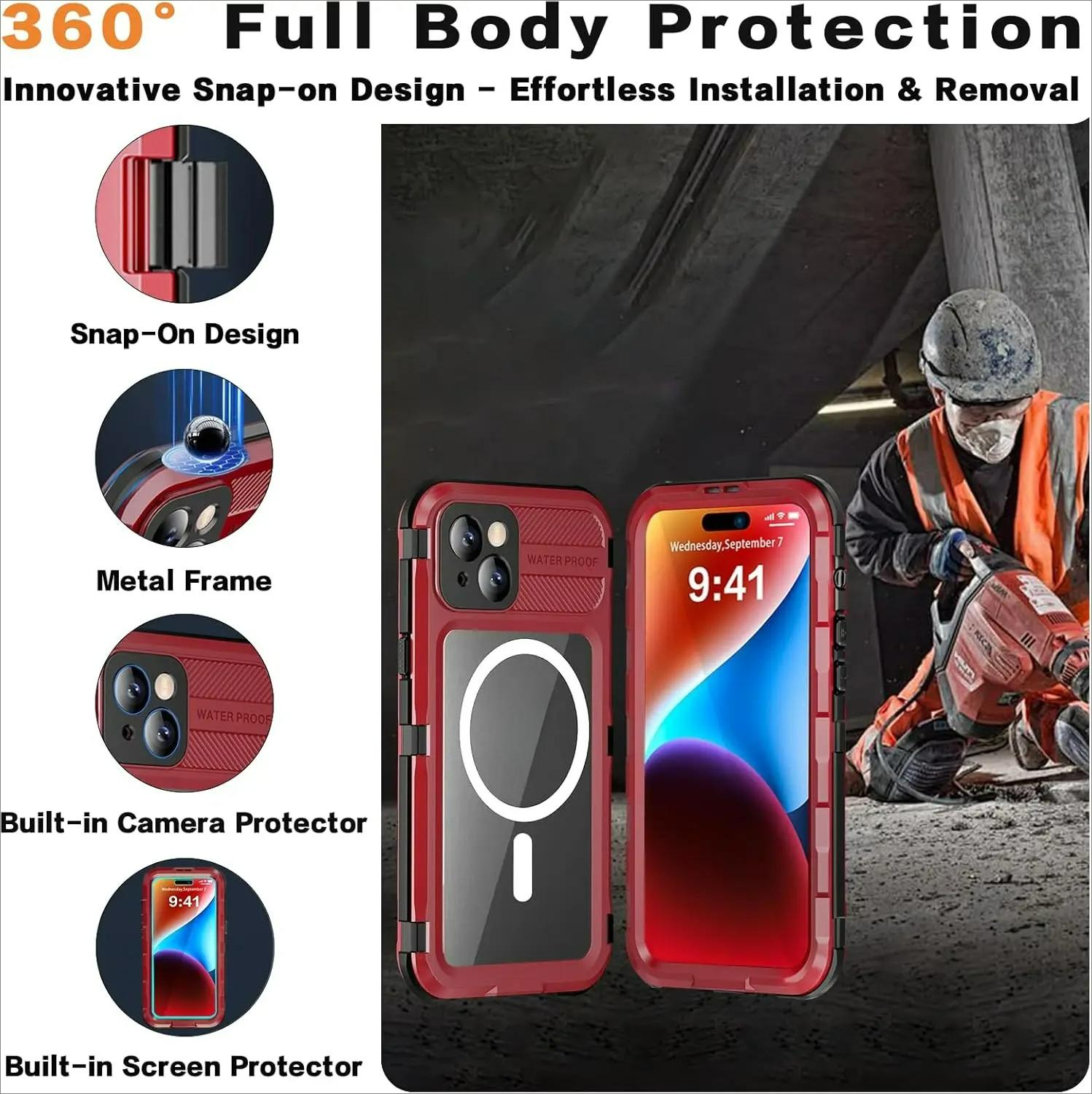 Case For iPhone 14 15 16 Pro Max 16 Plus IP68 Underwater Waterproof Metal Cover with Heavy Duty Shell Screen Protector