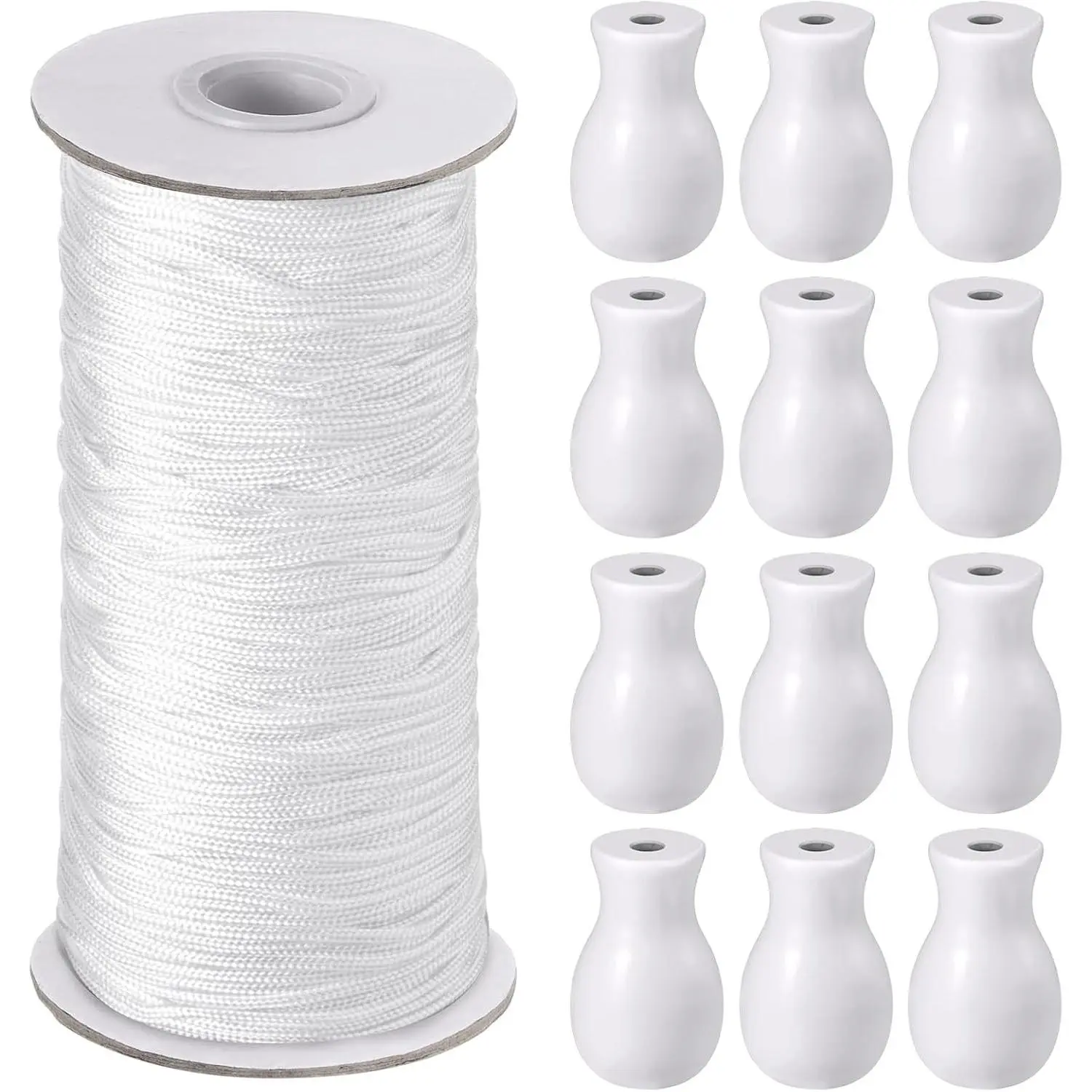 110 Yards Blind Cord 1.8 mm Braided Lift Shade Curtain String and 12 Pieces Wood Blind Pull Cord Knobs for Roman Shade Kit, Curtain Craft(White)