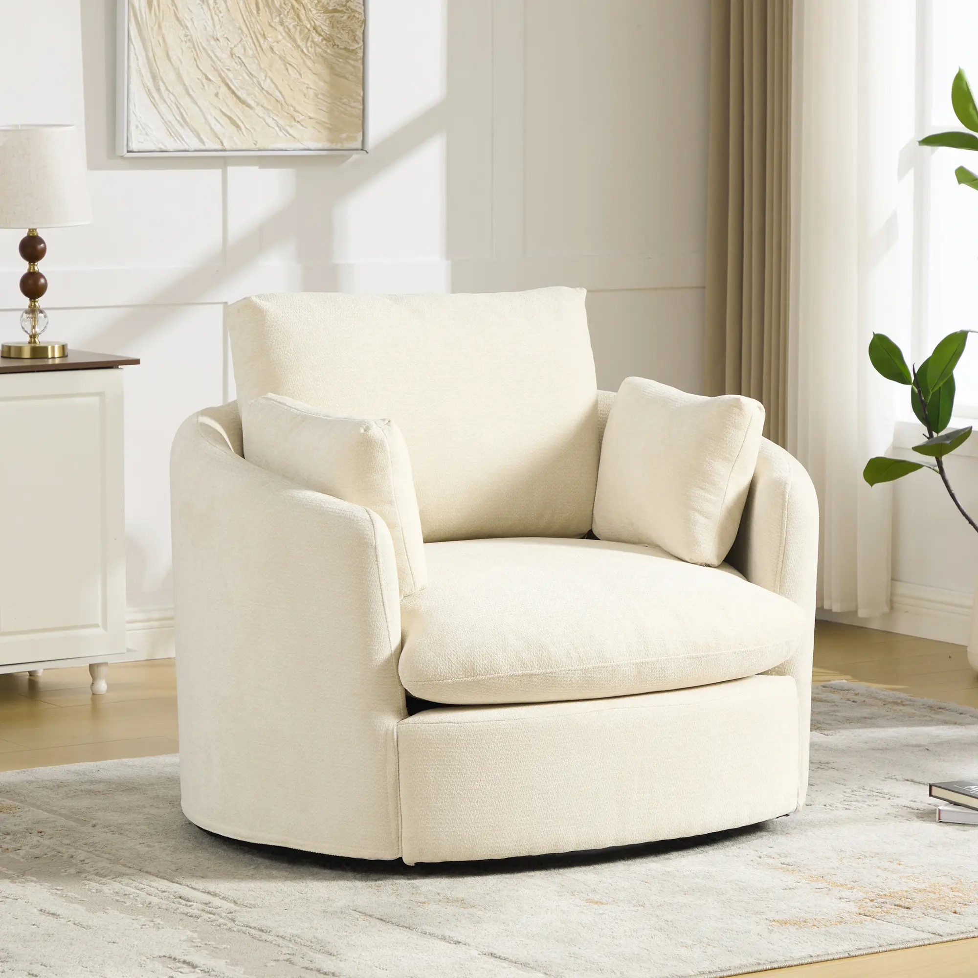 ARCH Chenille Swivel Barrel Chair - 360° Rotating Single Seat Indoor Accent Chair with 3 Plump Removable Pillows, Removable Cushion for Living Room, Bedroom, Round Design, Room Decor