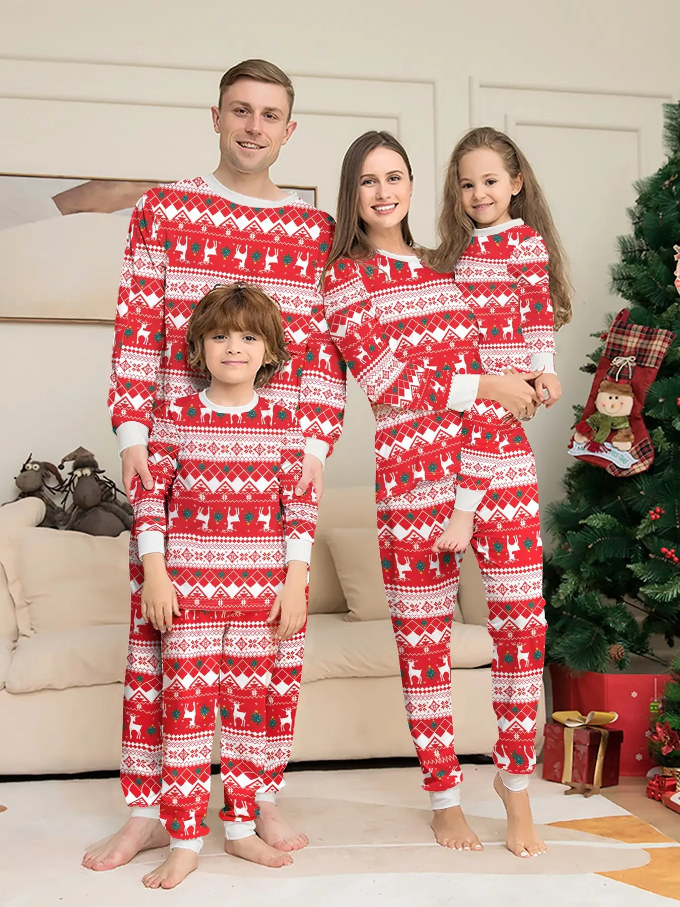 Red White Fair Isle Reindeer Snowflake Matching Family Christmas Pajama Set, All Over Print Crew Neck Long Sleeve Sleepwear with Cream Cuffs, Soft Cuffed Loungewear for Adults Kids Couple, Xmas Family Matching Outfits for Family of 3 & 4