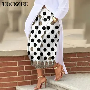 UOOZEE Women's Vintage Large Polka Dot Paisley Trim Cropped Palazzo Pants, Silky Stretch Elastic Waist Loose Midi Harem Trousers with Functional Side Pockets, Size Down for Slim Figures, Curvy Resort Bottoms
