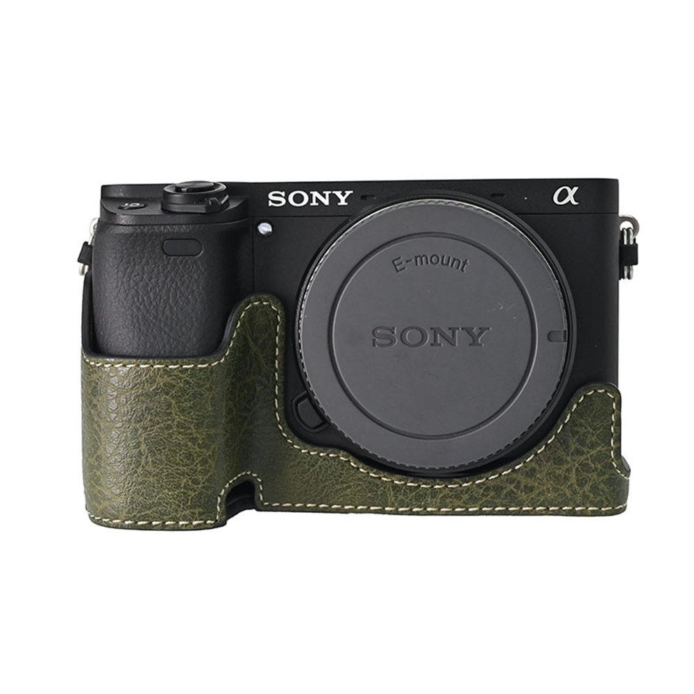 Litchi Pattern PU Leather Camera Half Case for Sony A6300 A6400 A6000 A6100 Bottom Opening Magnetic Cover With Strap