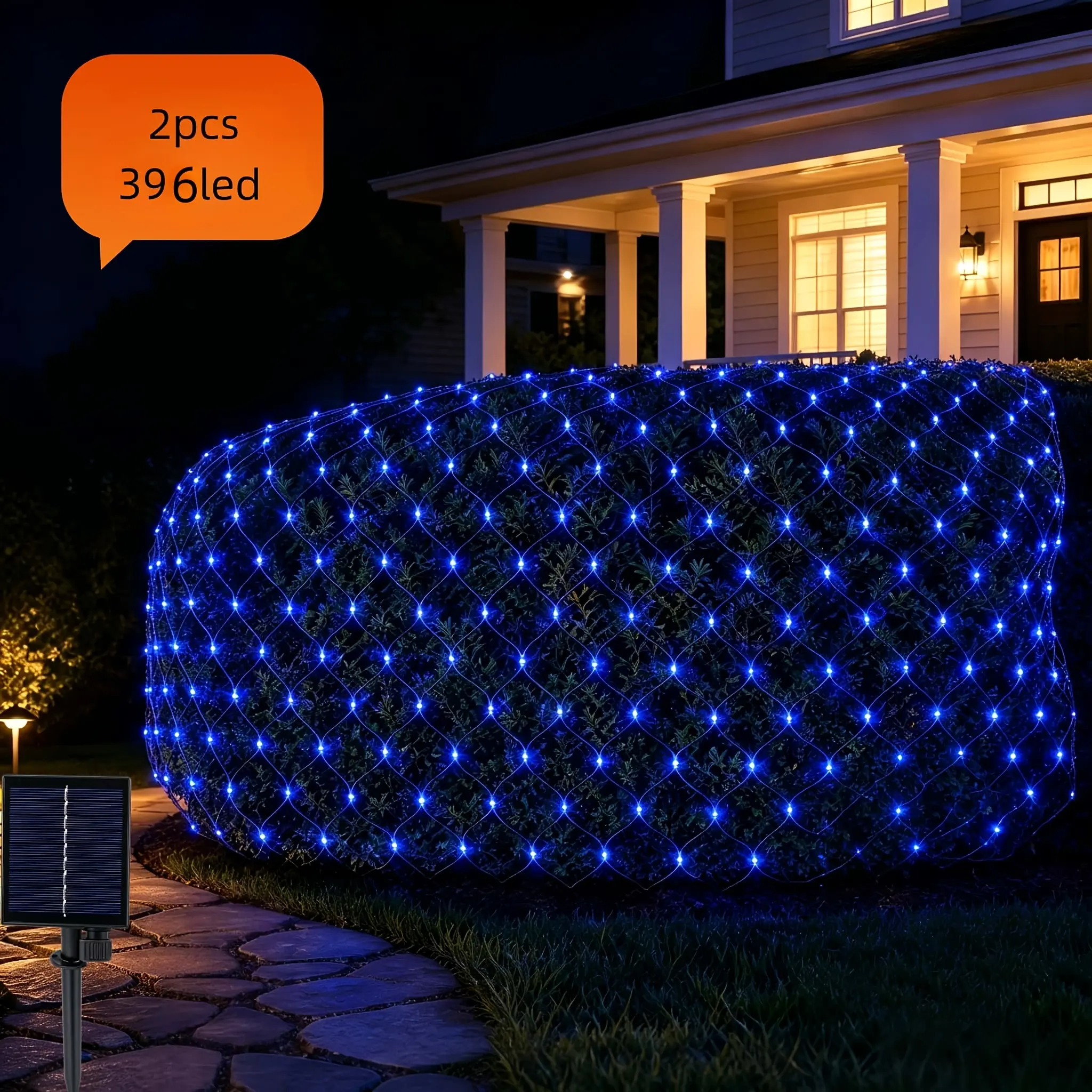 2Pcs Blue Solar Net Lights, 396 LED Outdoor Holiday Fairy Lights, Clear Mesh Bright Decorative Lighting for Deck Fence Window Bush, Perfect for Party Wedding Garden Holiday Decoration