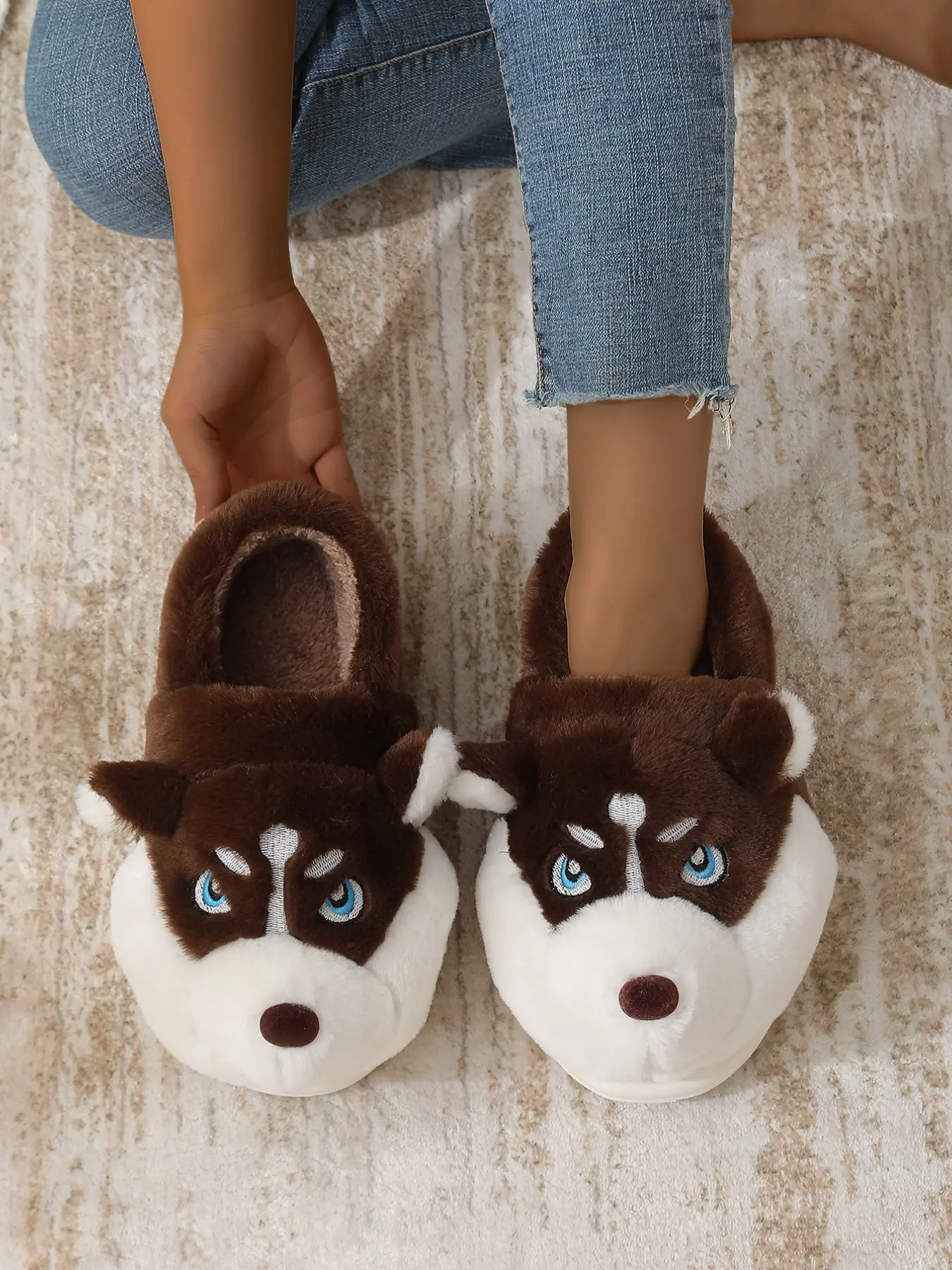 Cute Husky Cotton Slippers, Fall Winter Couples Home Shoes, Warm Fuzzy Non-Slip Thick Sole, Adorable Siberian Husky Indoor Footwear