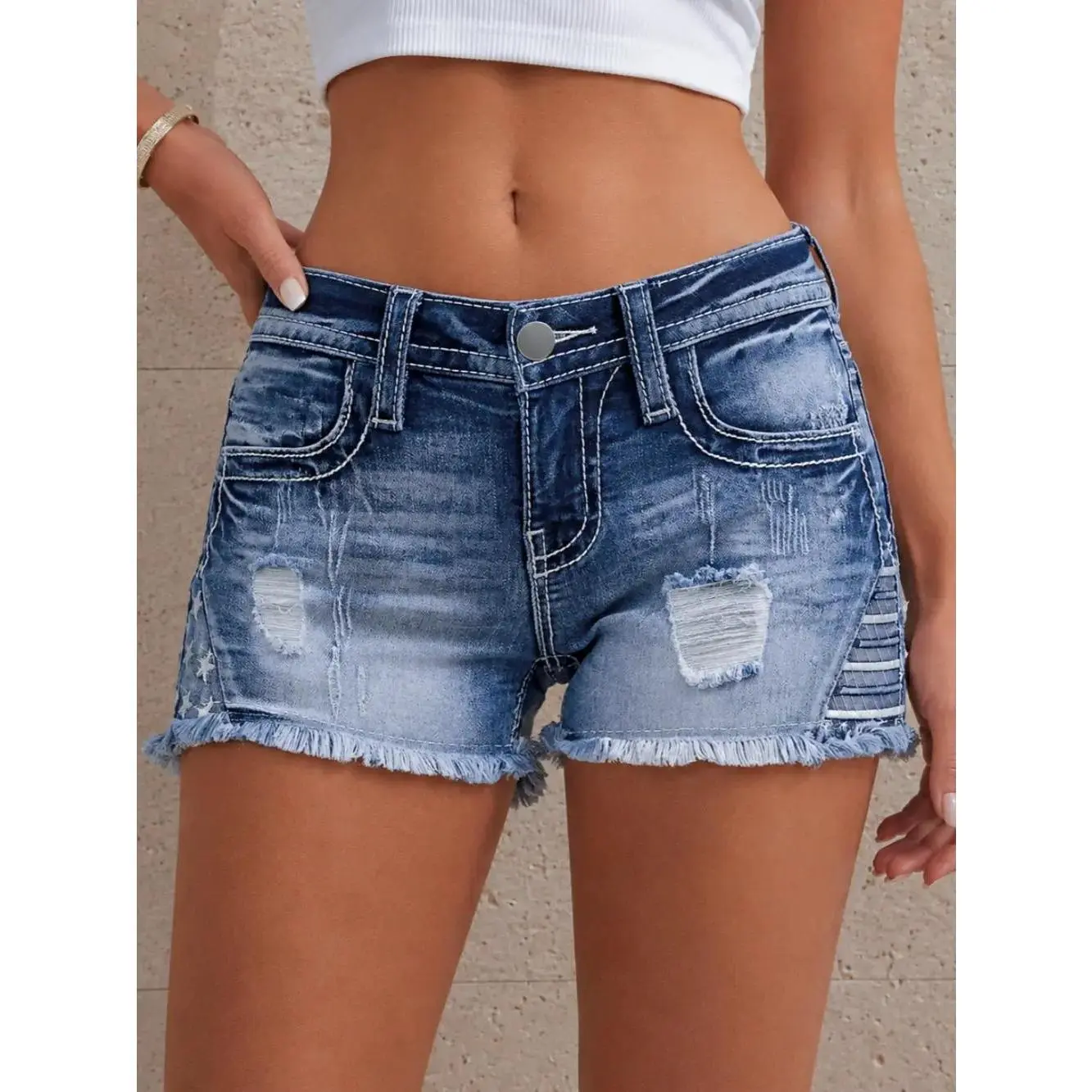 Women's Streetwear Vintage Sports Denim Bottoms - Mid-Wash, Distressed, Frayed Hem, Star Print, Striped Side Panels, Premium Fabric for Outdoor Activities, Festival Wear, Casual