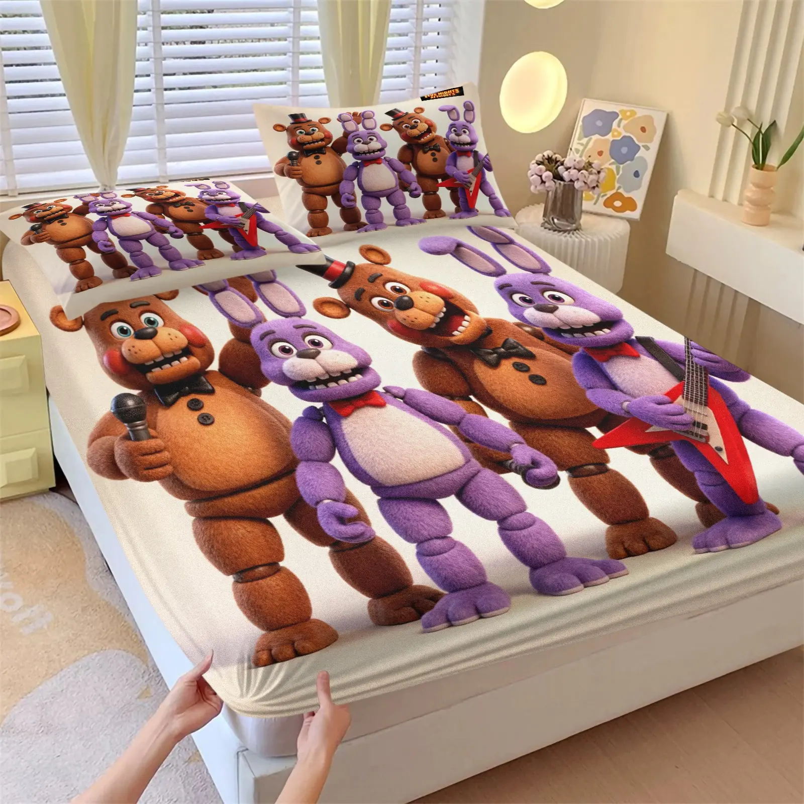 Five Nights at Freddy's White Base Fitted Sheet Set, 1 Bed Sheet + 2 Coreless Pillowcases, 3D Cartoon Animal Band Print, Soft Non-Slip Deep Pocket Bedding, Boy & Teen Bedroom Dorm Decor, Fans Gift
