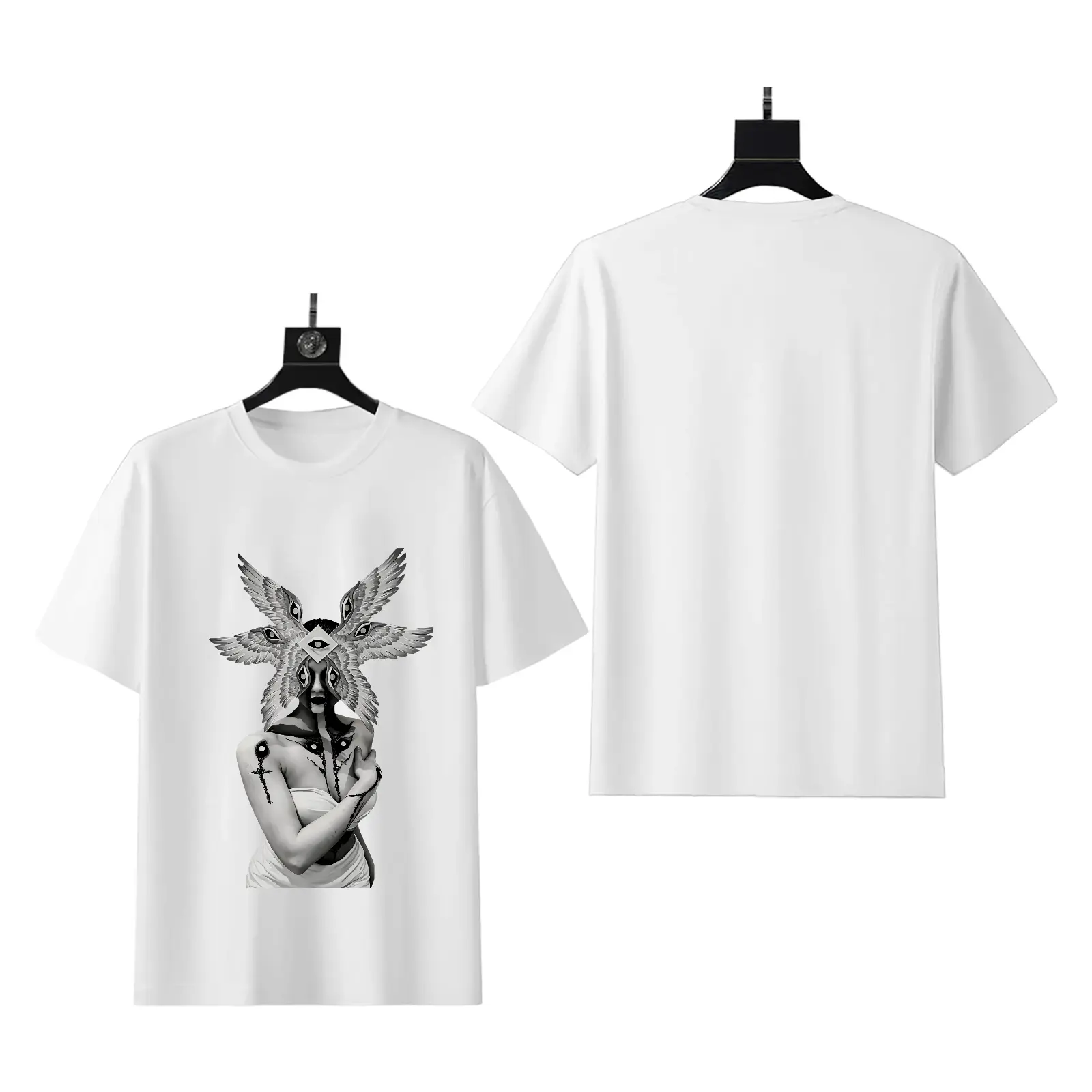 Men's Dark Gothic Seraphim Angel Graphic Print T-Shirt - Occult All Seeing Eye, Grunge Aesthetic, Cotton Short-Sleeve Tops, Classic Crew Round Neck Streetwear