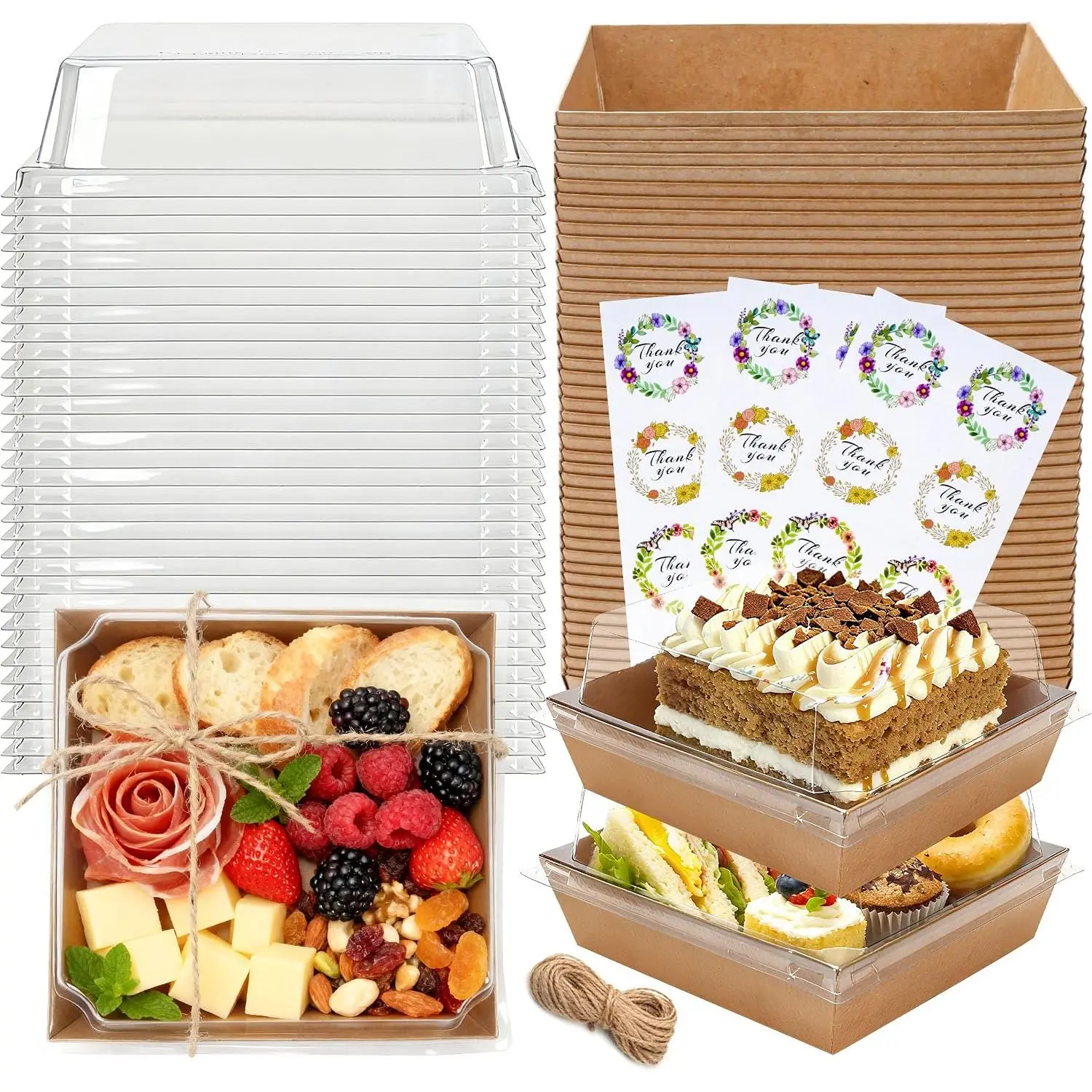50 Pack Brown Lidded Grazing Boxes 5.3x4.9x2.5in for Picnic Bites | Rope and stickers help separate portions for tastings, snack sets and deli-style .