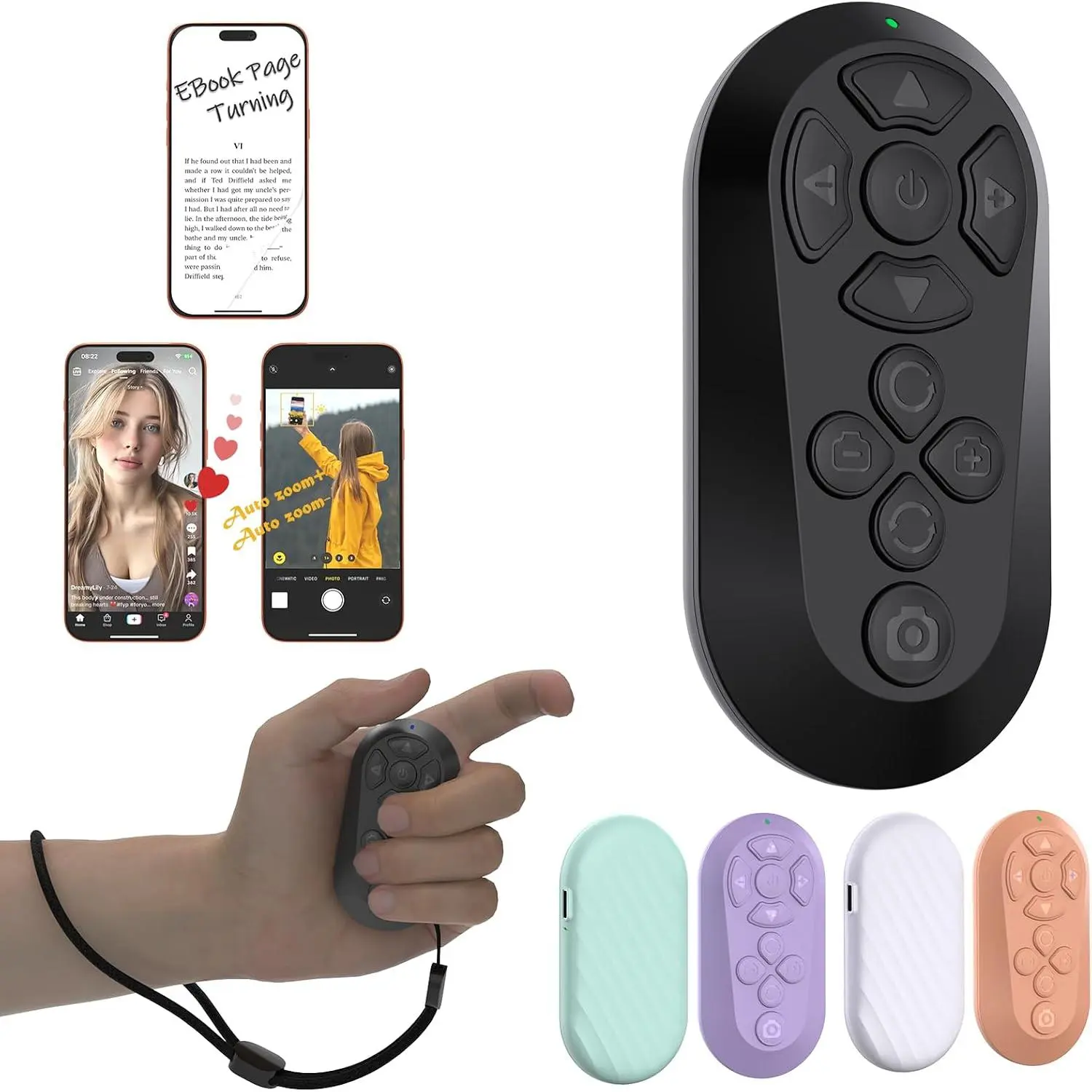 Remote Controller for  Scrolling/Camera/Video Recording/Kindle App Compatible with iOS/Android (Black)