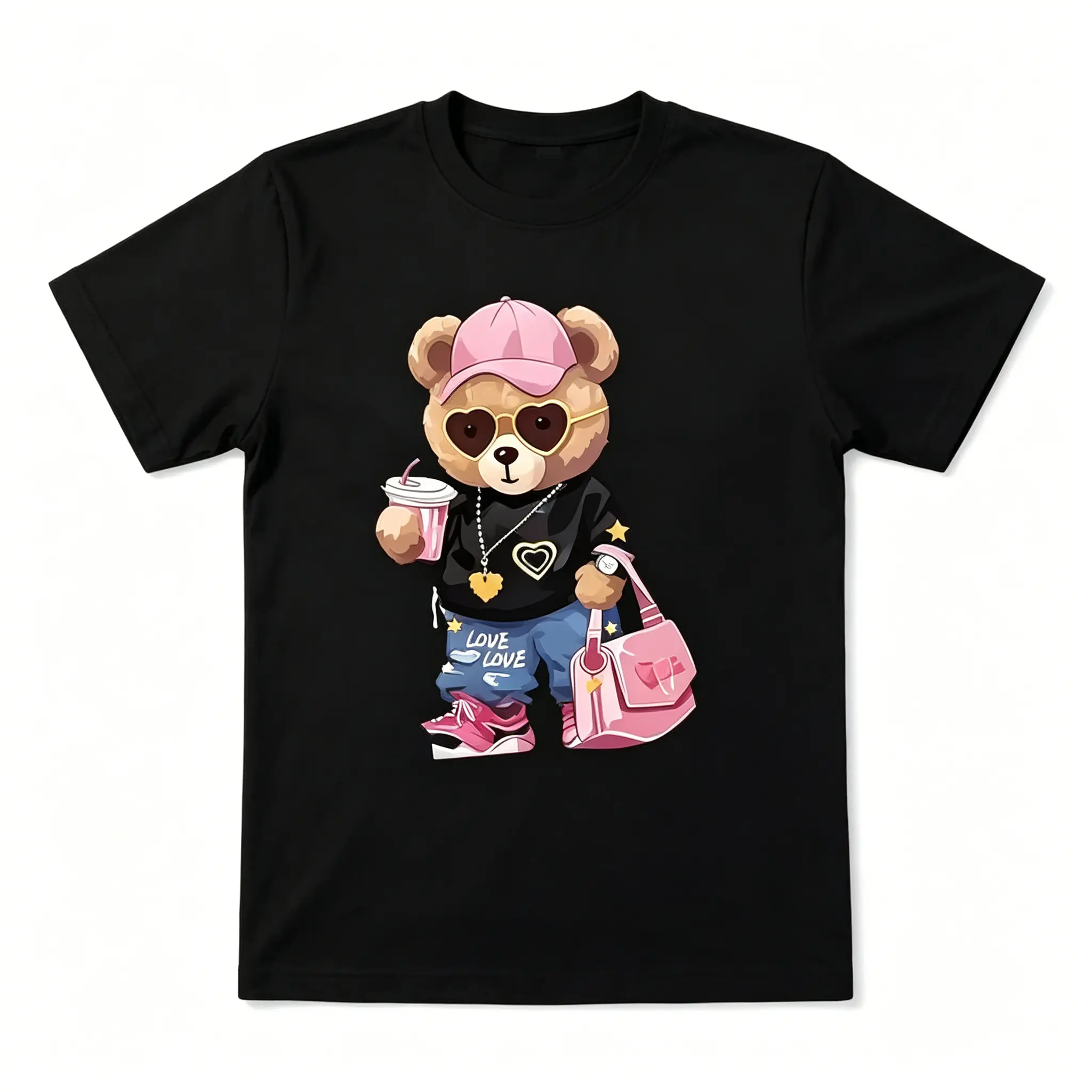 Hip Hop Pink Teddy Bear Graphic Tee for Women Black Cotton T-shirt Summer Casual Streetwear Top Womenswear Crewneck