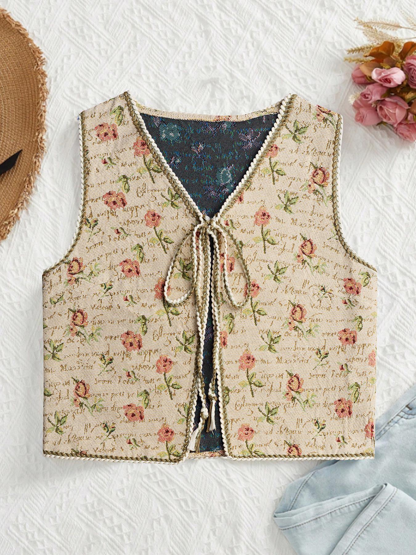 Women's Floral Pattern Tie Front Fitted Lightweight V Neck Vest, Boho Sleeveless Outerwear for Beach Vacation Holiday, Ladies Clothes for All Seasons